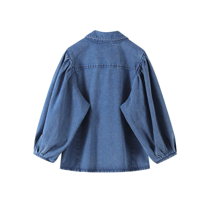 Fashion Denim Women Short Shirt Lapel Half Puff Sleeve Pleated  Turn-down Collar Solid Female Top 2025 Autumn Lady Shirts