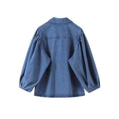 Fashion Denim Women Short Shirt Lapel Half Puff Sleeve Pleated  Turn-down Collar Solid Female Top 2025 Autumn Lady Shirts