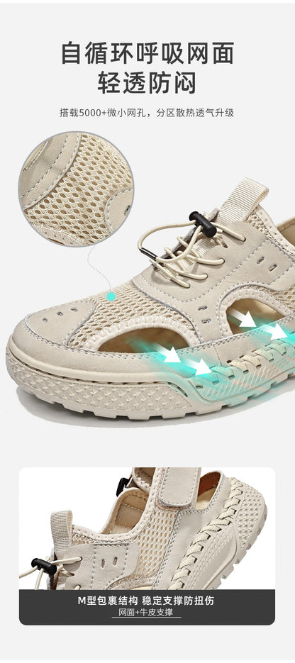 Sandals men's tide summer new style leather toe cap outdoor leisure sports hollow sandals beach shoes Handmade mesh men shoes