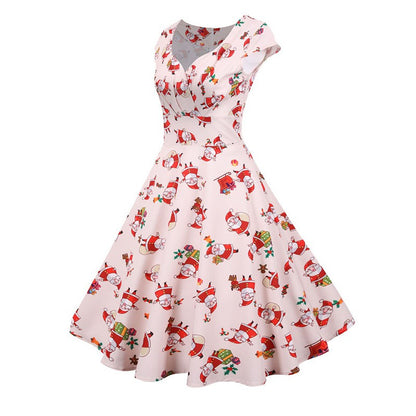 Fashion V-neck Short Sleeve Printed Christmas Dress Large Swing Vintage Elegant Xmas Party Dress