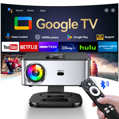 Projetor HORLAT Google TV 2000 ANSI Lumens, controle de voz, foco automático, Android, Wi-Fi 6, 4K UHD, projetor de cinema para home theater, Netflix Licenciado