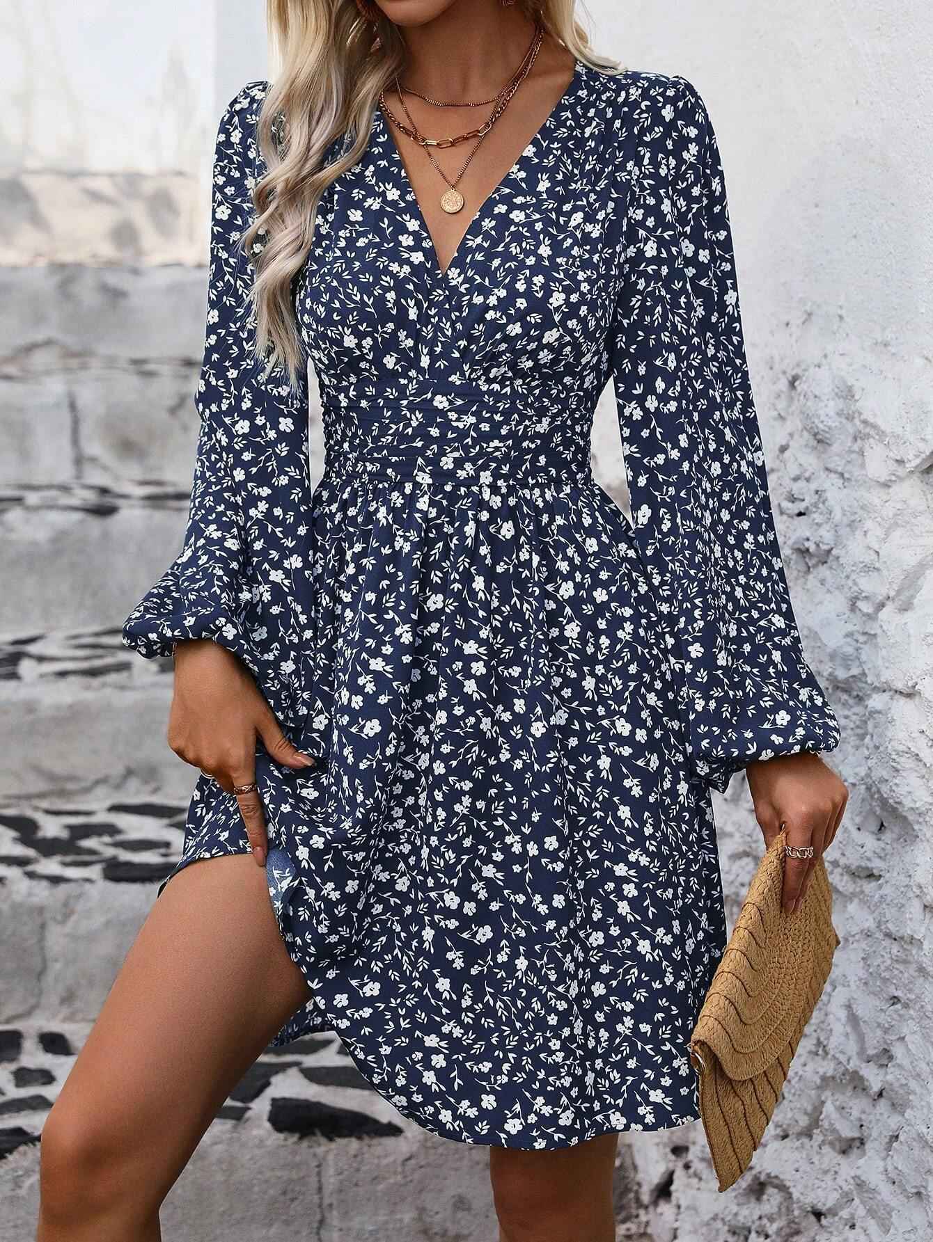 Dresses 2025 Woman Clothing V Neck Lantern Sleeve Wrap Mini Dress Ruched Waist Flowy Hem Elegant for Autumn and Party Styles ?