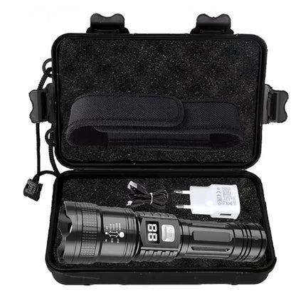 Lanterna LED de alta potência, recarregável via USB, com bateria embutida, super brilhante, para emergências e acampamento ao ar livre