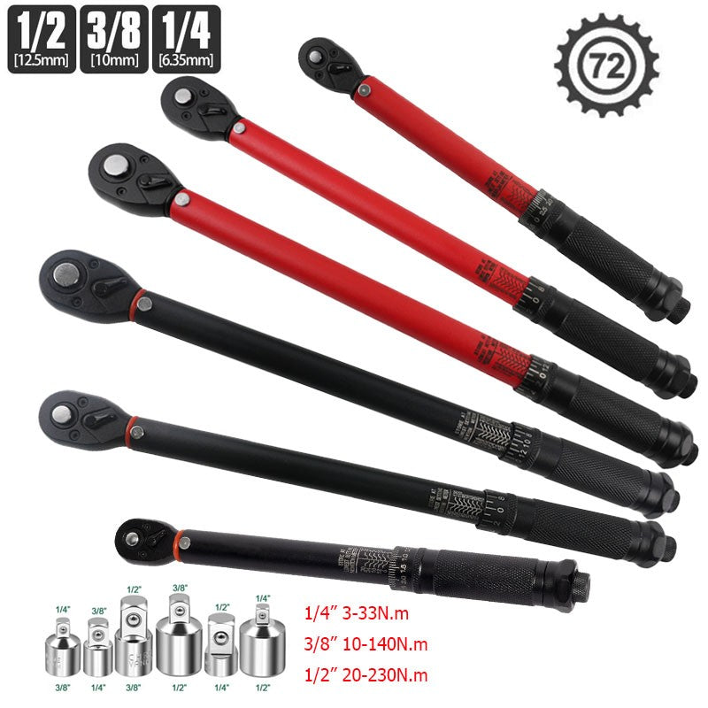 Chave Torquímetro 72T 1/2'' 3/8'' 1/4'' com Pré-ajuste para Bicicletas e Carros, Chave Catraca de Duas Vias, Ferramentas Manuais Automotivas