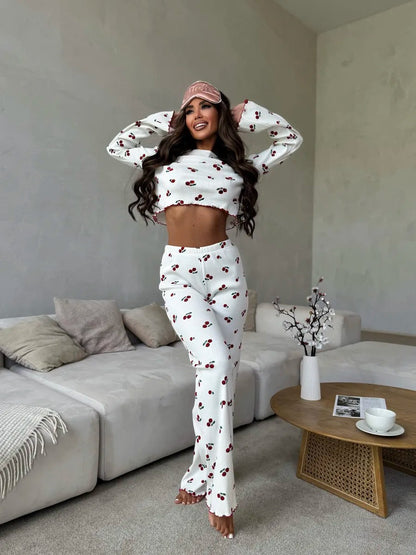 Lace Trim Women Pajama Set Short Sleeve Front Button Top & Full-Length Pants Cherry Print 2 Pieces Sleepwear Nightwear Homewear