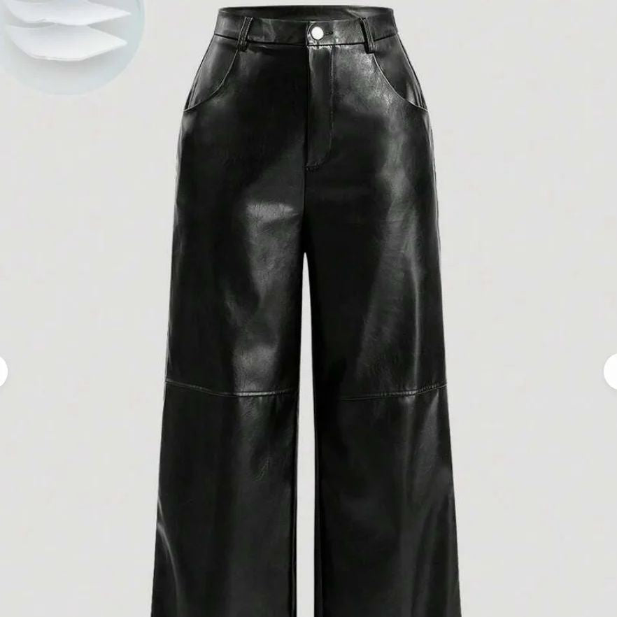 Womens casual elegant vacation solid color directional PU high-end synthetic leather European and American pants