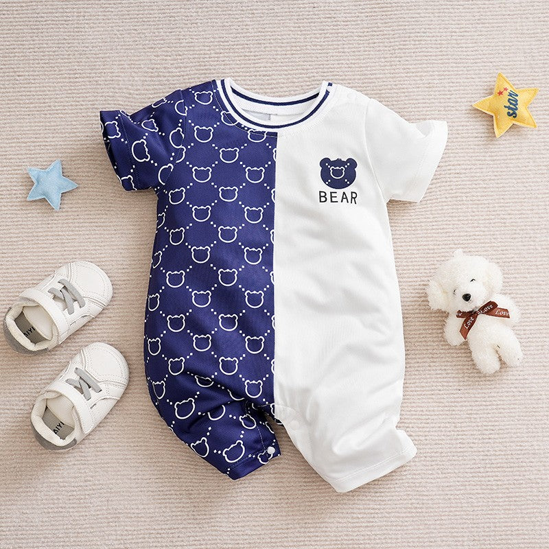 Roupas de Recém-Nascido Macacão de Ursinho de Pelúcia Desenho Animado Patchwork Confortável e Macio Verão Meninos e Meninas 0-18 Macacão de Bebê Manga Curta