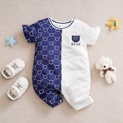 Roupas de Recém-Nascido Macacão de Ursinho de Pelúcia Desenho Animado Patchwork Confortável e Macio Verão Meninos e Meninas 0-18 Macacão de Bebê Manga Curta