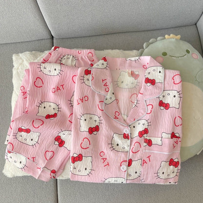 Cartoon Hello Kitty Pajamas Set Women's Autumn Winter Long Sleeve Loungewear Pink Cute Sleepwear Kawaii Soft Homewear Outfit