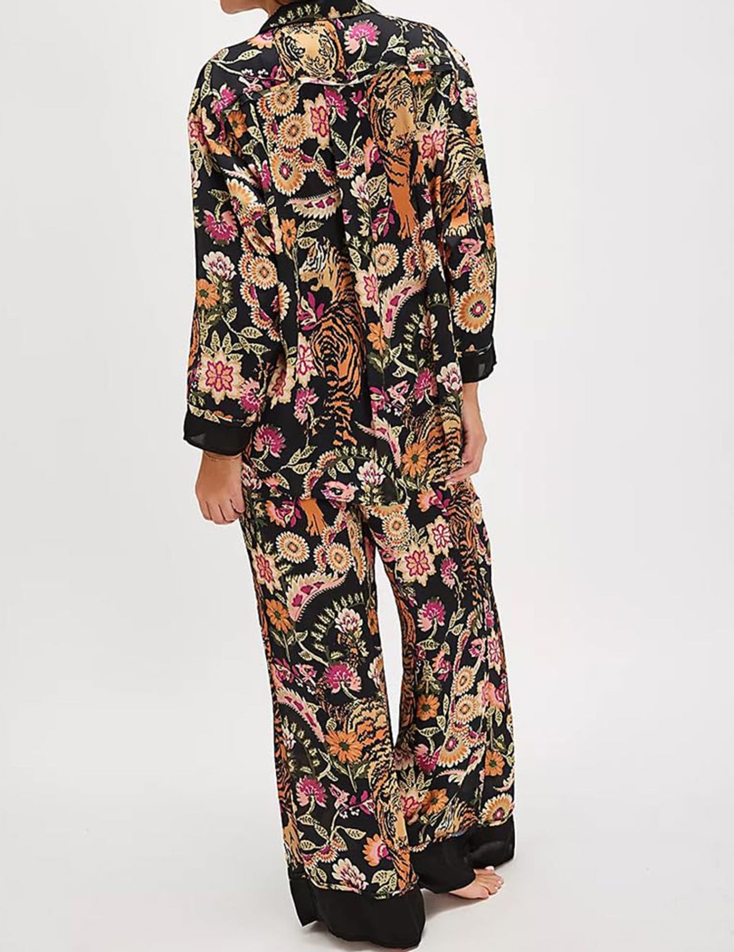 Women Satin Pajamas Set 2 Piece Western Cowgirl Silk Pjs Wide Leg Pants Button Down Loungewear