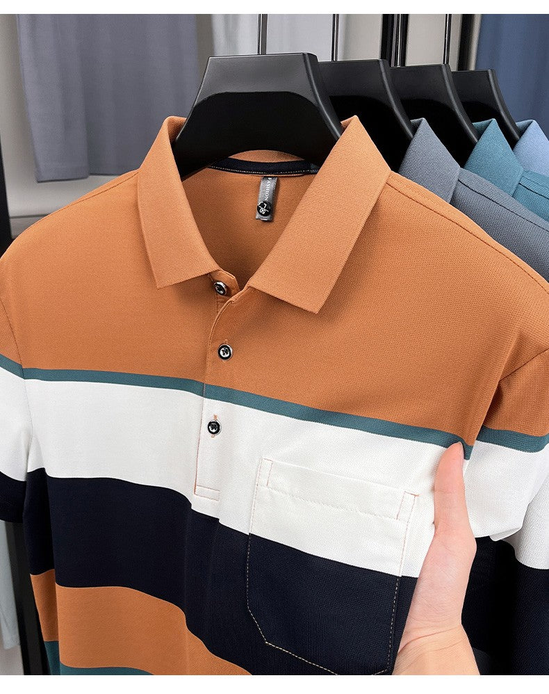 High-quality short sleeve polo shirt men fashion color striped pocket design summer new breathable trendy casual lapel T-shirt