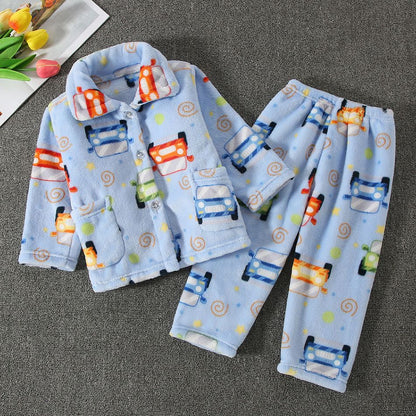 High Quality Coral Fleece Flannel Cute Cartoon Pattern Pajama Sets Boys and Girls Long Sleeve Warm Comfortable Winter Sleepwear