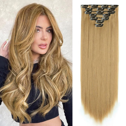 Apliques de Cabelo Preto Liso de 22 Polegadas, 130g, 7 Peças, Sintético, com Presilha