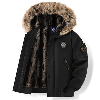 Men's Winter Black Aviator Jacket with Detachable Faux Fur Trimmed Hooded Cold Fashion Embroidered Badge and Zipper Pockets
