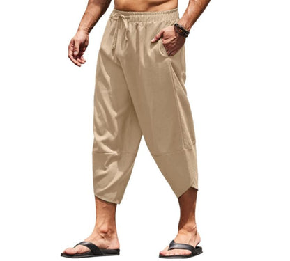 Calças Capri Masculinas de Verão Cor Sólida Shorts Harem Masculinos com Elástico na Cintura Cordão Calças Cropped 3/4 Folgadas