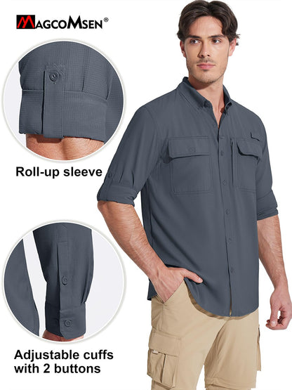 MAGCOMSEN Sun Protection Shirt Quick Dry Long Sleeve Mesh Breathable Shirt Multi Pockets Fishing Shirts Hiking Work Cargo Shirts
