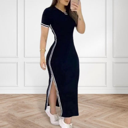 Elegant Summer Women Dress O Neck Side Slit Slim Solid Color Short Sleeves Striped Skinny Maxi Dress
