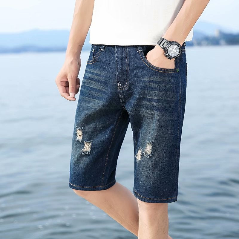 New Summer Men's Personalized Washable Perforated Denim Short Pants Male Casual Straight Short Jeans