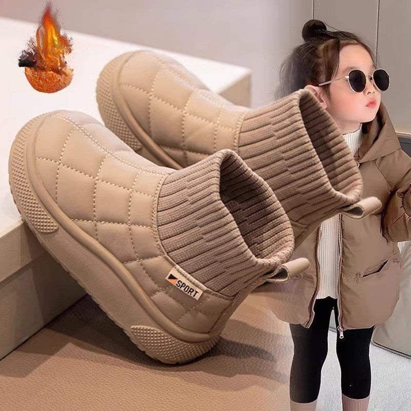Children's Snow Boots 2-18 Years Old Khaki Padded Thickened Boys Girls Cotton Shoes Winter Black Soft Non-slip Kids Sock Boots