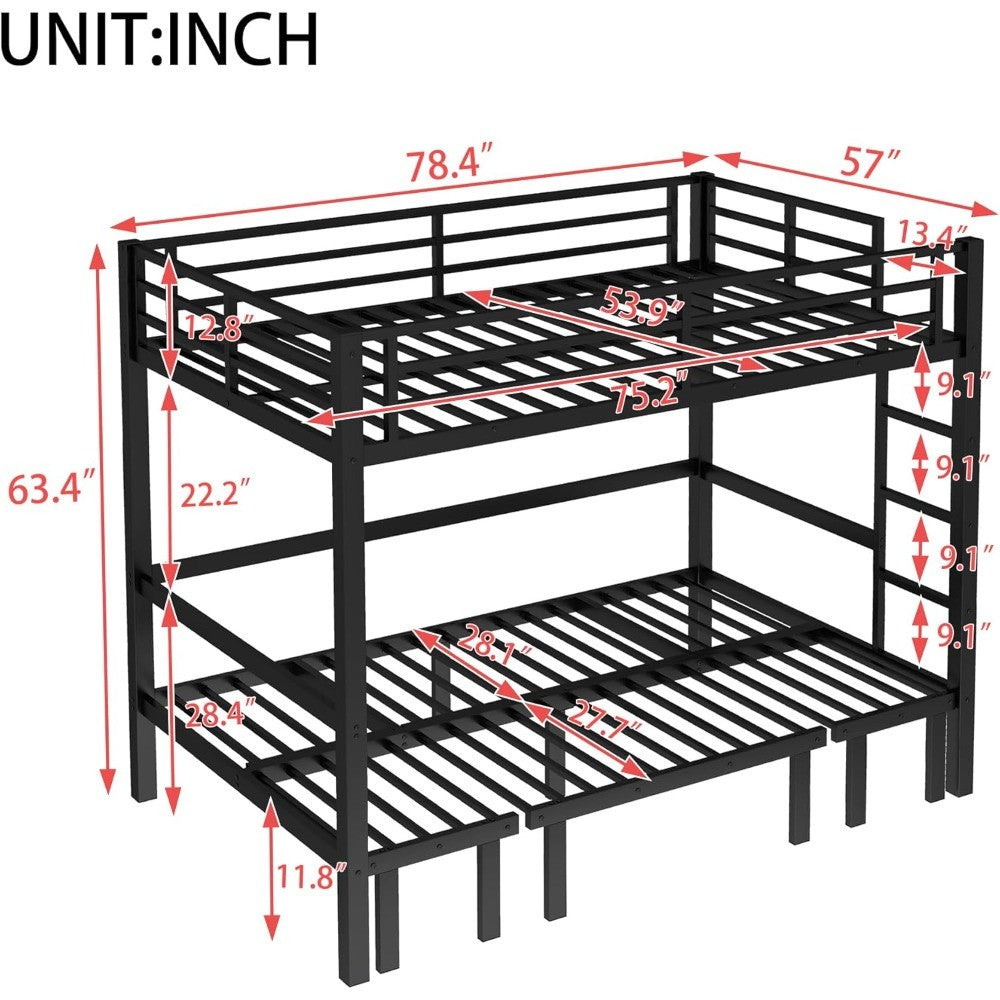 Over Full Bunk Bed with Guardrails, Convertible Metal Loft Bed with Sofa & Lower Bed, Full Size Bunk Beds Pull-Out