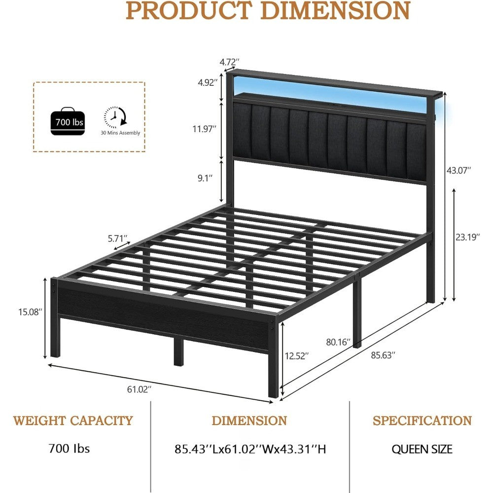 Queen Size Bed Frame with Charging Station and LED Lights, Platform Bed with Metal Slats, Grey Upholstered Headboard wi
