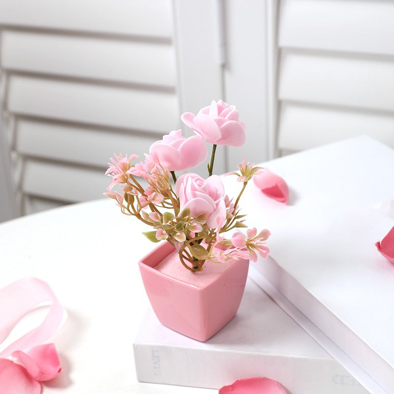 5PCS, Mini Pink Artificial Flower Potted Plant, Indoor Desktop Shelf Decoration