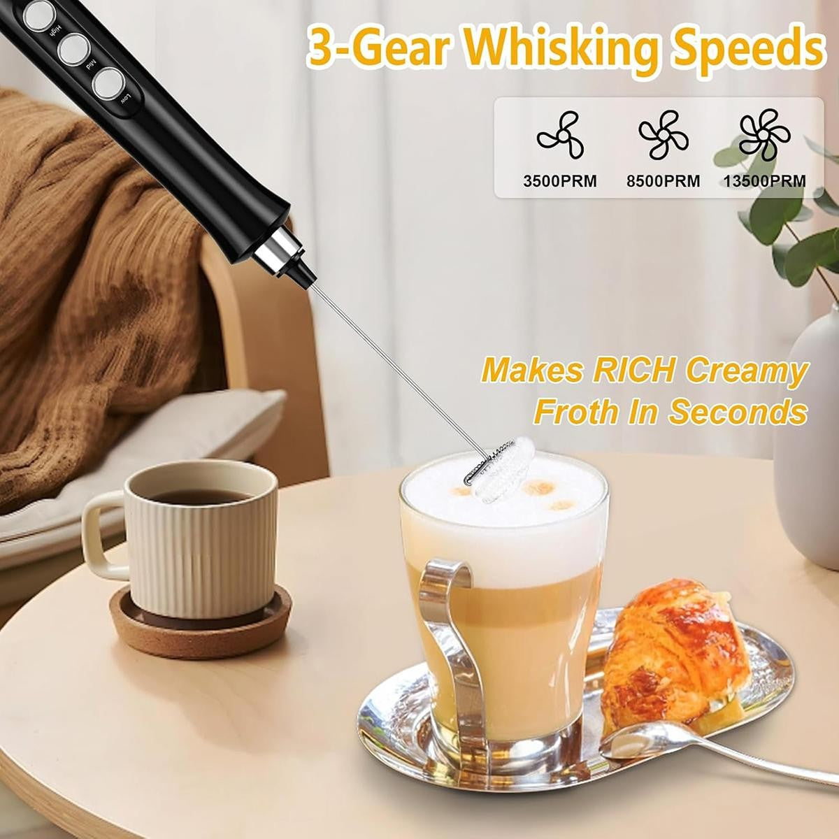Espumador de Leite Elétrico Sem Fio Recarregável - 3 Velocidades, Batedor de Espuma Portátil para Latte, Cappuccino, Chocolate Quente - Recarregável por USB