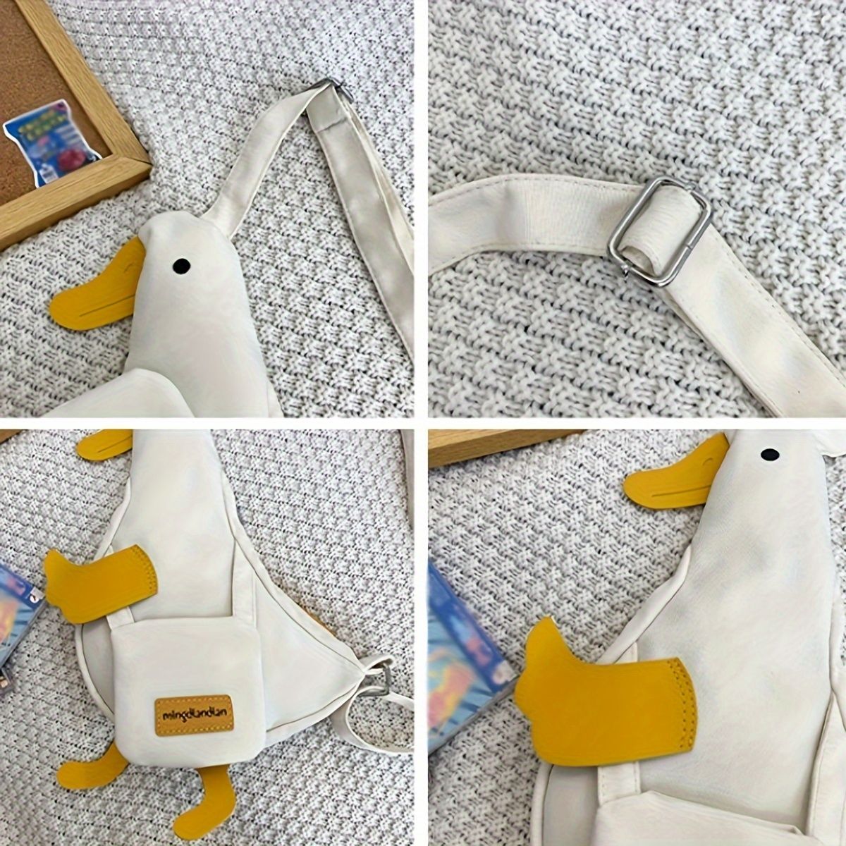 Beige and white new cute duck shape canvas bag student chest bag shoulder bag trend funny cartoon crossbody bag 1 outfit