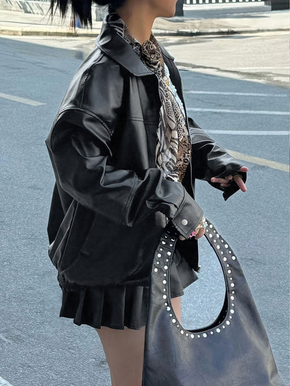 Autumn Women's Faux Leather Jackets 2025 Fall Long Sleeve Bomber Jacket Lapel Zip Up Motorcycle Coats Winter Clothing