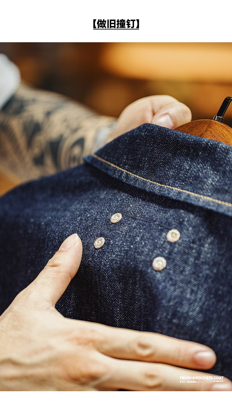 Maden Vintage Asymmetrical Four-pocket Design Denim Coat for Men 14OZ Single-breasted Turn-down Collar Jacket Autumn Work Coat