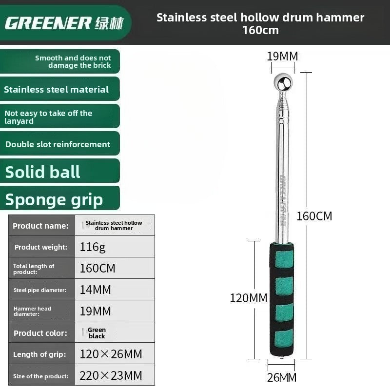 Green Forest 98/115/160CM Martelo de Tambor Oco para Detecção de Som Aço Inoxidável Telescópico Martelo de Tambor Ferramenta de Teste para Inspeção de Ambientes