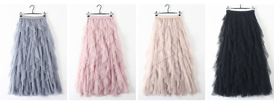 Tutu Tulle Long Maxi Skirt Women Fashion 2022 Korean Cute Pink High Waist Pleated Skirt Mesh Female Lady Aesthetic Faldas