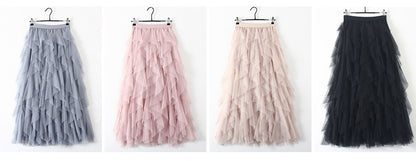 Tutu Tulle Long Maxi Skirt Women Fashion 2022 Korean Cute Pink High Waist Pleated Skirt Mesh Female Lady Aesthetic Faldas