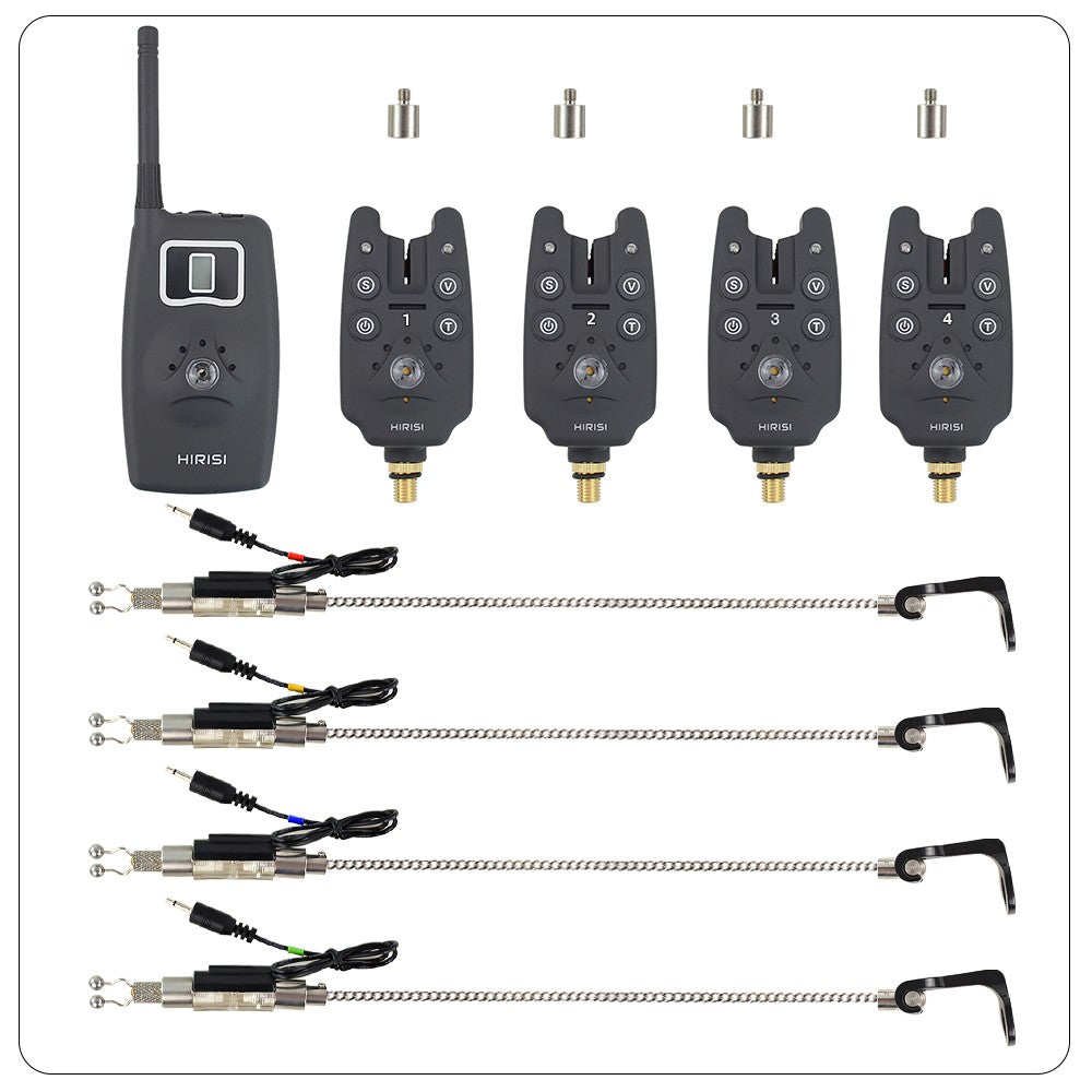 Alarme de picada de pesca sem fio conjunto 1+4 com 4 indicadores de picada luminosos em estojo EVA para pesca de carpas B1203S
