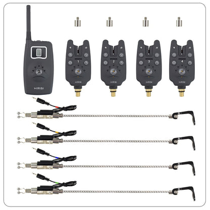 Alarme de picada de pesca sem fio conjunto 1+4 com 4 indicadores de picada luminosos em estojo EVA para pesca de carpas B1203S