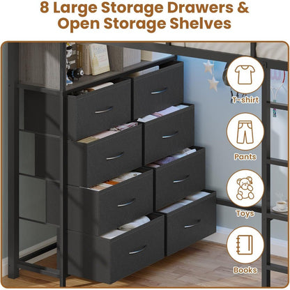 Twin Loft Bed with Desk & 8 Storage Drawers Tall Dresser, Black Metal Loft Bed with LED Lights & Charging Station, 2-Tier