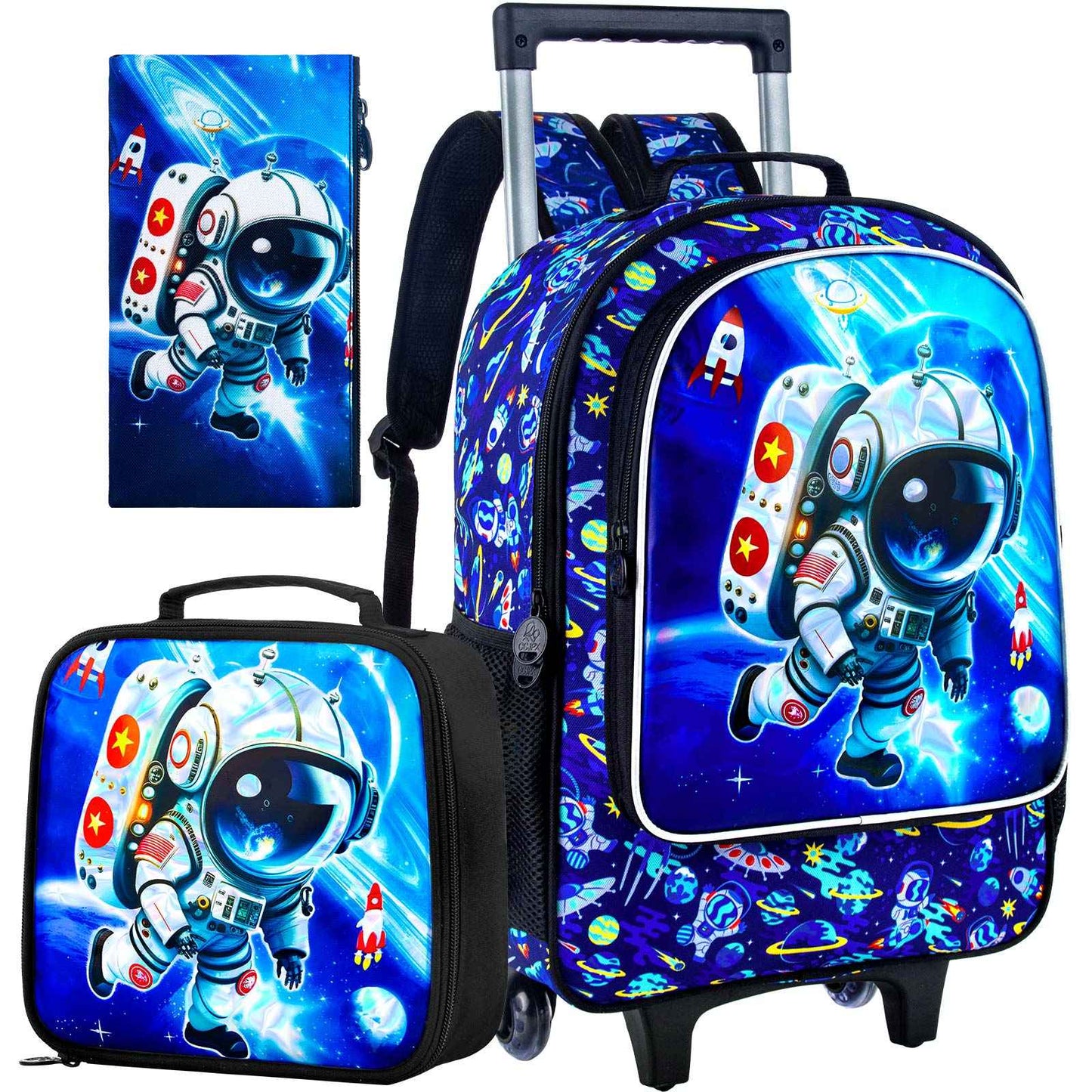 3PCS Astronaut Rolling Backpack for Boys, Kids School Backpacks with Wheels,  UV Printed Roller Wheeled Bookbag