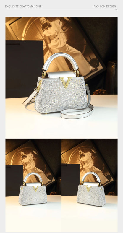 Luxury Fashion Diamonds Women's Handbags 2025 New V Letter Small Shoulder Crossbody Bag Genuine Leather Messenger Shell Bags