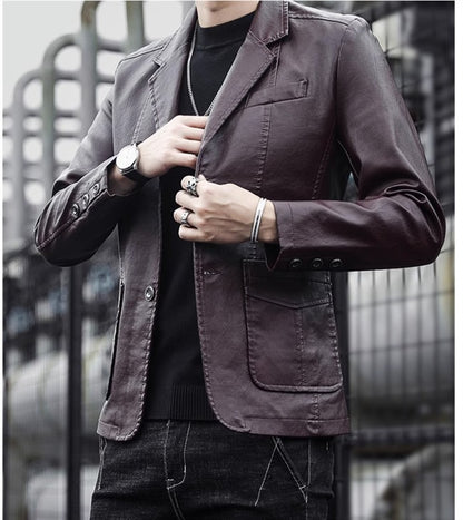 2024 New Men Business Casual Leather Jacket Black / khaki Fashion Male Suit Collar Coats Large Size 5XL Slim Fit Top