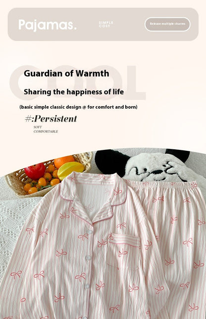 Spring and Autumn Sweet Bow Korean Style Ins Wrinkled Fabric Long Sleeve Cardigan Nightgown Women's High-Quality Homewear Set