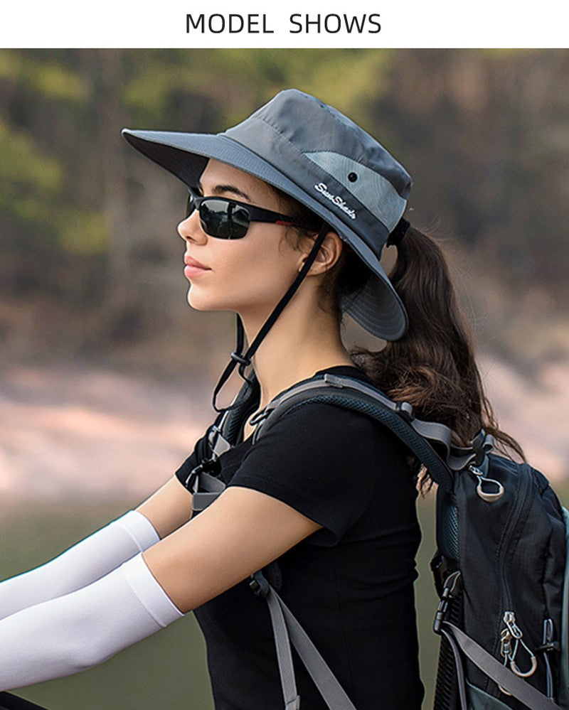 Xinbaoguan 100% Polyester Summer Outdoor Sun Hat, Breathable Sun Hat, Folding Sun Hat, Female Ponytail Hole Fisherman Hat