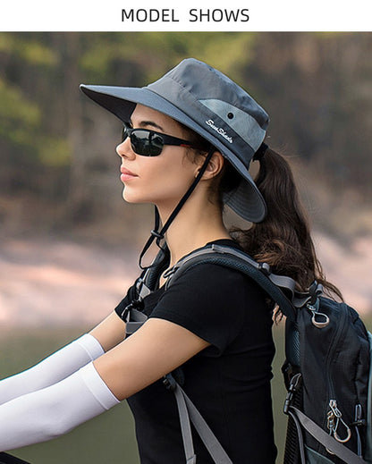 Xinbaoguan 100% Polyester Summer Outdoor Sun Hat, Breathable Sun Hat, Folding Sun Hat, Female Ponytail Hole Fisherman Hat