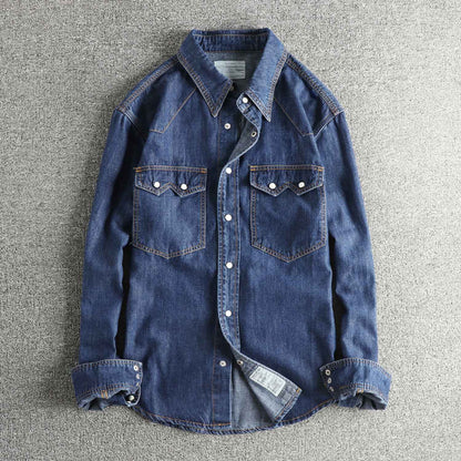 Autumn New American Retro Heavyweight Double Pocket Denim Cargo Shirt Men's Simple 100% Cotton Washed Casual Blouses Thin Jacket