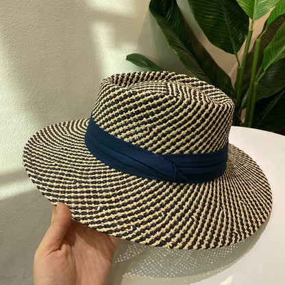 Chapéu de Palha Feminino de Verão Chapéu de Sol Luxuoso Feminino Chapéu de Praia de Proteção Solar da Moda Chapéu Panamá Francês Chapéu Raff de Aba Larga com Topo Abaulado