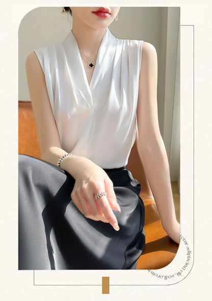Womens Tops Blouses Solid Color White Satin Blouse Office Shirt Blusas Sleeveless Women Shirts Black White Female YTM A31