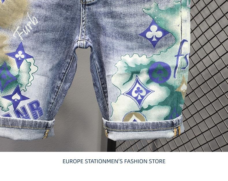 Summer 2024 New Fashion Trend Printed Stretch Cotton Shorts Men's Casual Sashimi Comfort High Quality Plus-Size Denim Shorts
