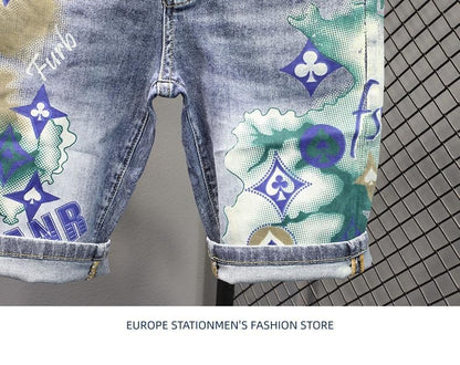 Summer 2024 New Fashion Trend Printed Stretch Cotton Shorts Men's Casual Sashimi Comfort High Quality Plus-Size Denim Shorts