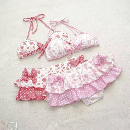 Japanese Style Kawaii Girls Swimsuit Sweet Printed Halter Bikini Swimsuit Women Ruffle Bikini Set Bather Bathing Suit Swim