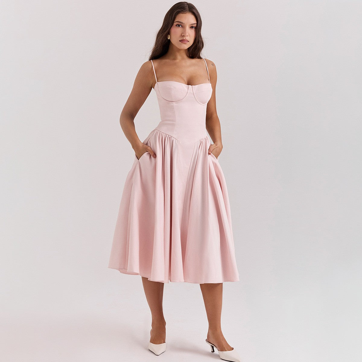 Summer Women Elegant Sleeveless Backless Pleated Dresses Lady Sexy Solid Sling M