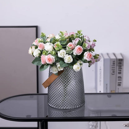 10 Heads pink Artificial Silk Rose Flowers Fake White Eucalyptus  Peony Flower Bouquet, for Home Wedding Party Garden Decoration